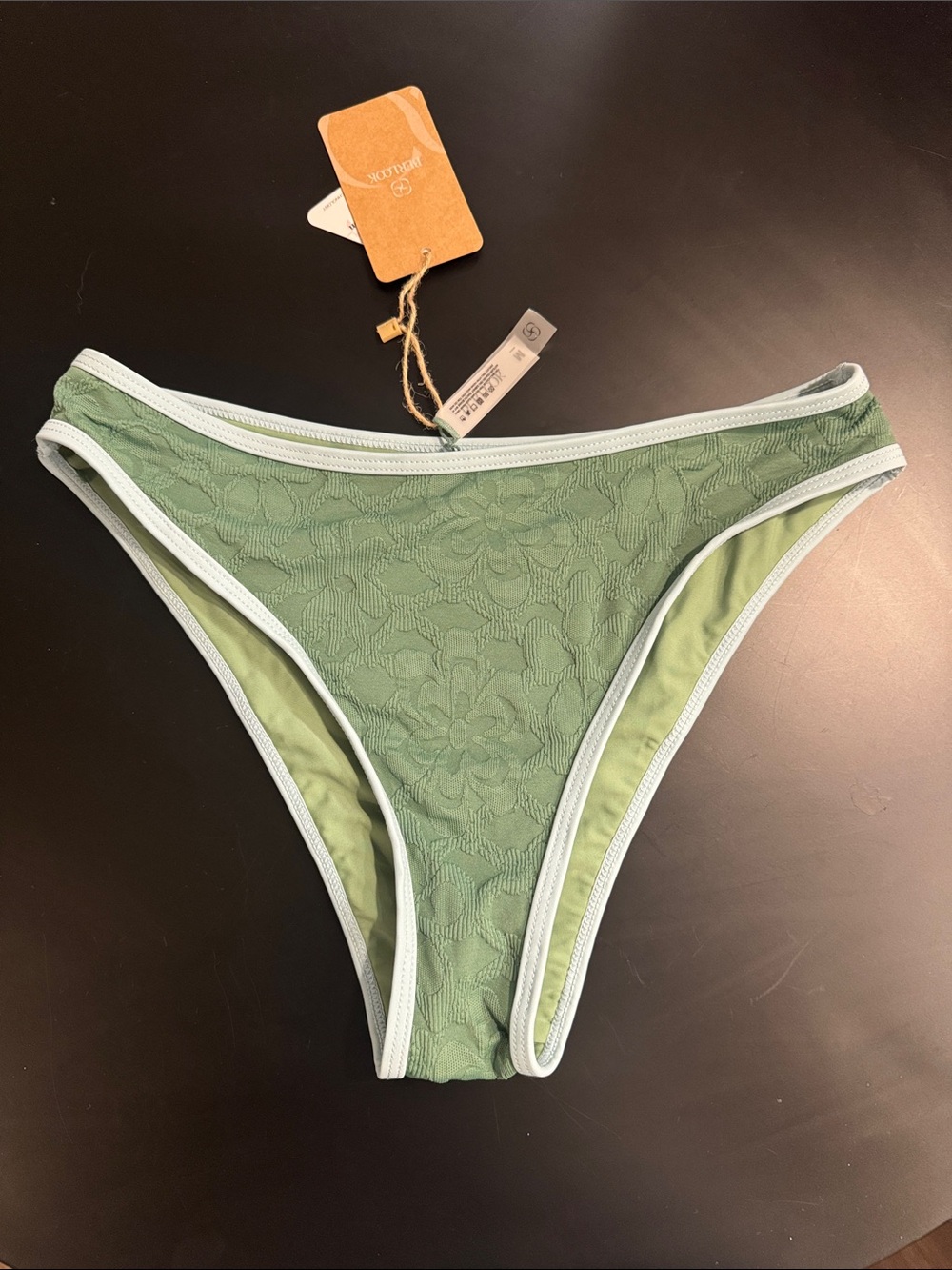 Textured Green Floral Bikini Bottom with Contrast Trim